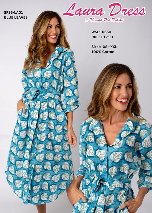 Laura Cotton Shirt Dress – Blue Leaves