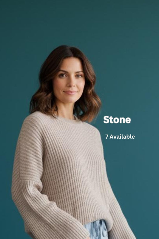 Oversized Ribbed Knit Jumper with Bubble Sleeves – Stone