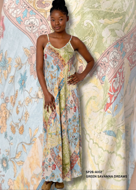 Amari Viscose Silk Maxi Dress – Green Savanna Dreams