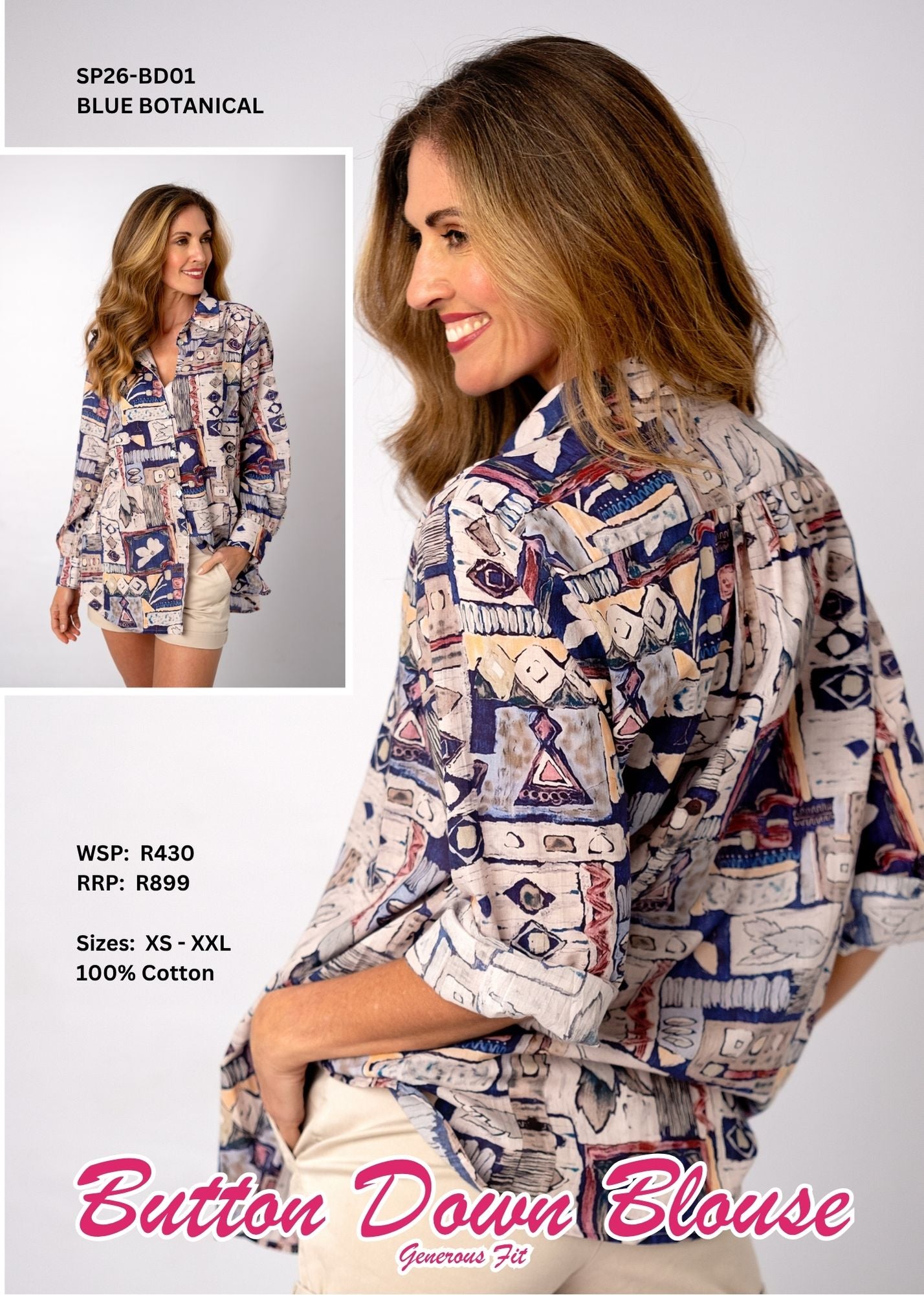 Classic Button-Down Blouse – Blue Botanical (Generous Fit)