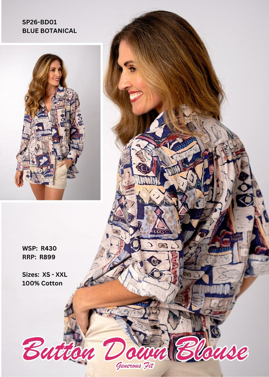 Classic Button-Down Blouse – Blue Botanical (Generous Fit)