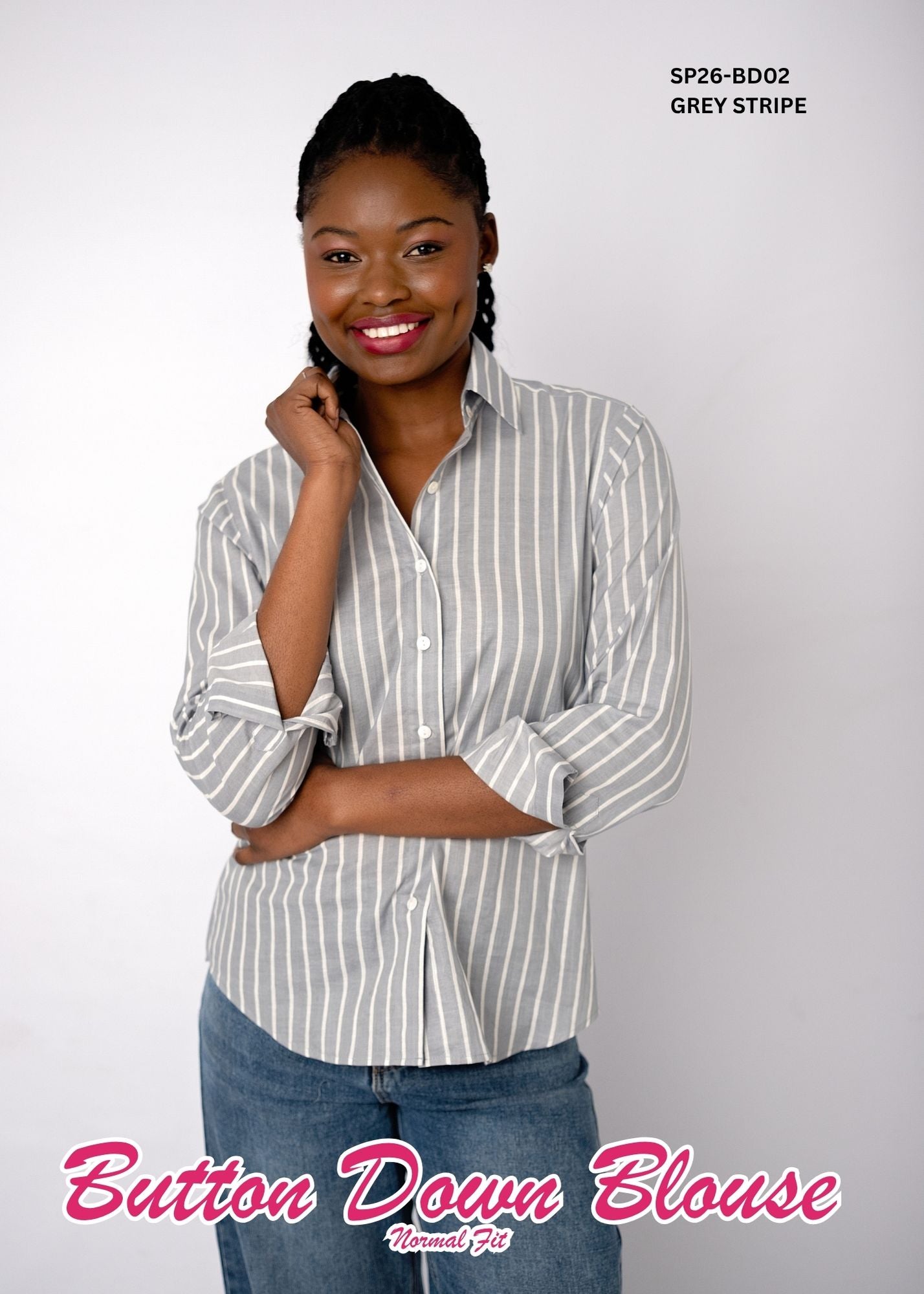 Classic Button-Down Blouse – Grey Stripe
