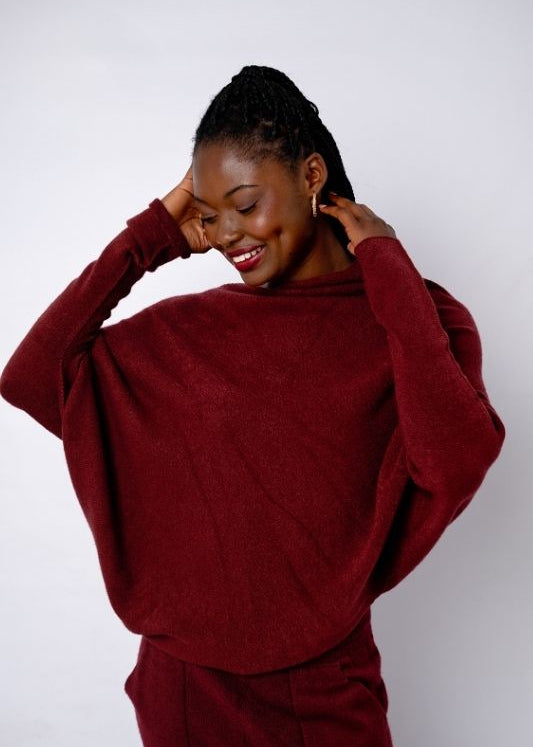 Urban Cozi Asymmetrical Sweater in Maroon