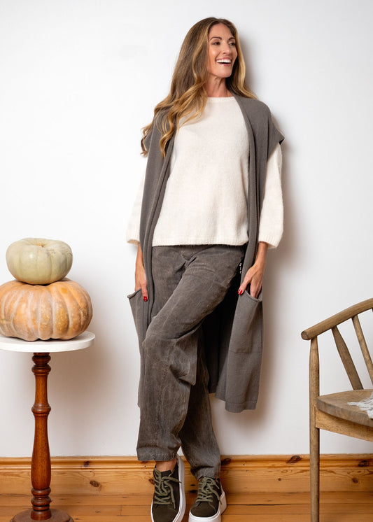 Urban Cozi Long Sleeveless Cardigan Jacket in Taupe