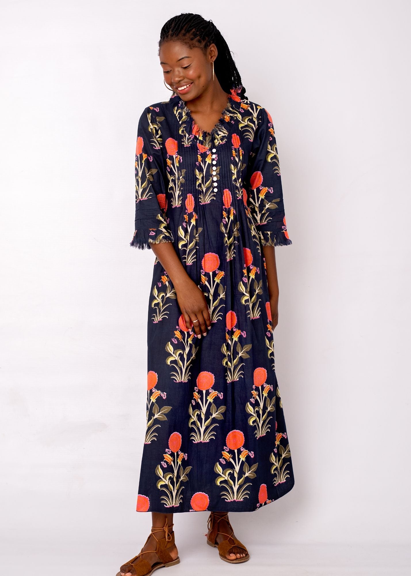Sarah Dress with Frill in Blue with Coral Floral