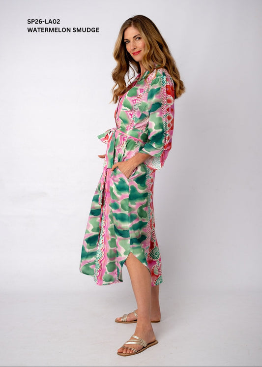 Laura Cotton Shirt Dress – Watermelon Smudge
