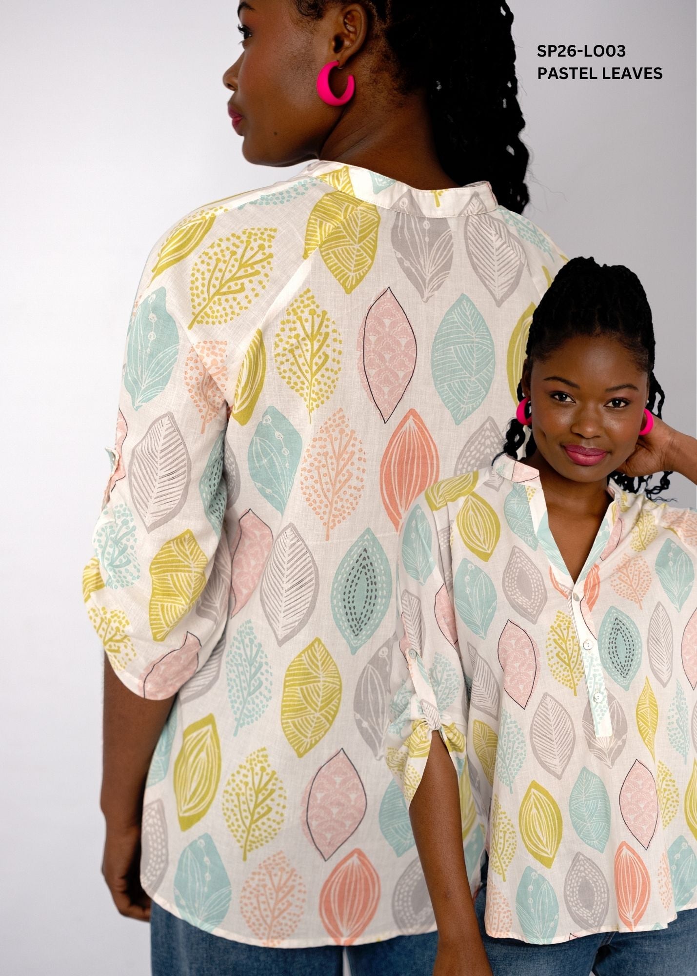 Lola Tab Sleeve Top – Pastel Leaves