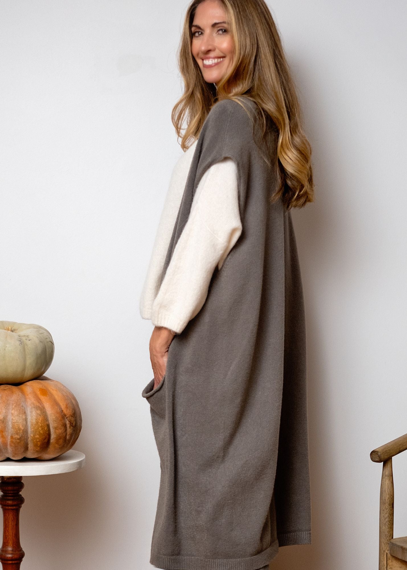 Urban Cozi Long Sleeveless Cardigan Jacket in Taupe