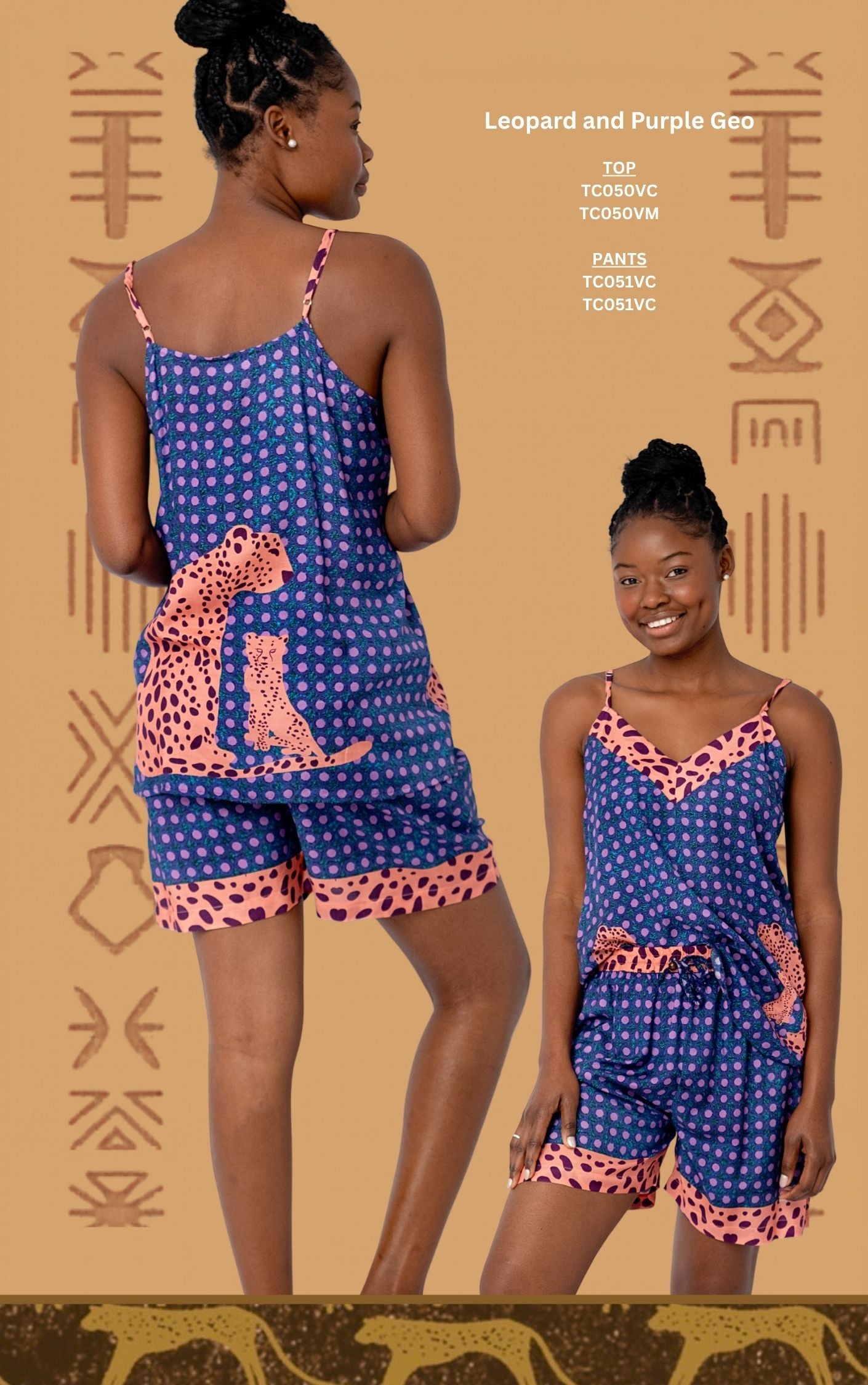 The Thandi Strappy Cami & Short PJ Set – Leopard and Purple Geo TC050/051