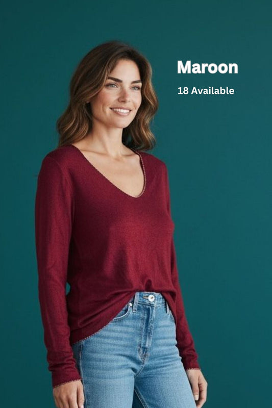 Silver Lining V-Neck Winter Weight Knit Jumper - Maroon