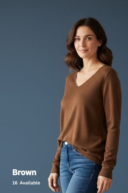 Silver Lining V-Neck Winter Weight Knit Jumper - Brown
