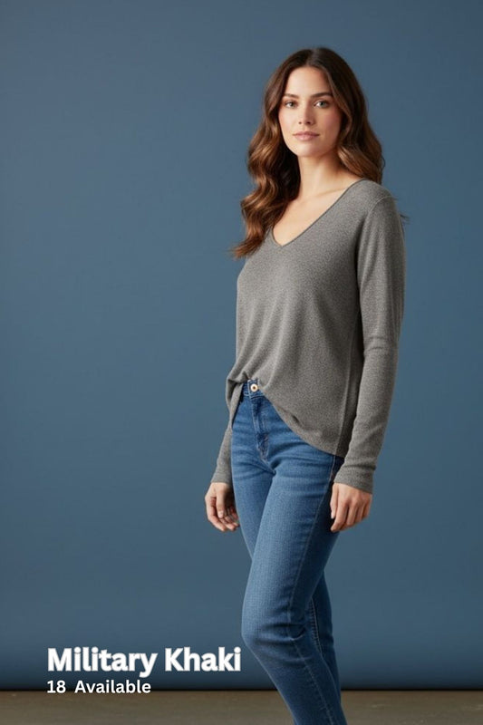 Silver Lining V-Neck Winter Weight Knit Jumper -Military Khaki