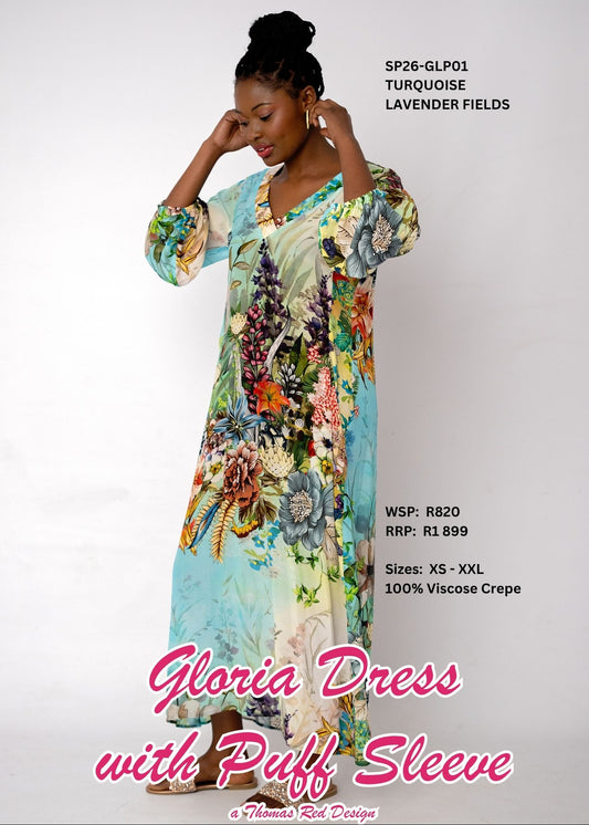 Gloria Puff-Sleeve Viscose Crepe Maxi Dress – Turquoise Lavender Fields