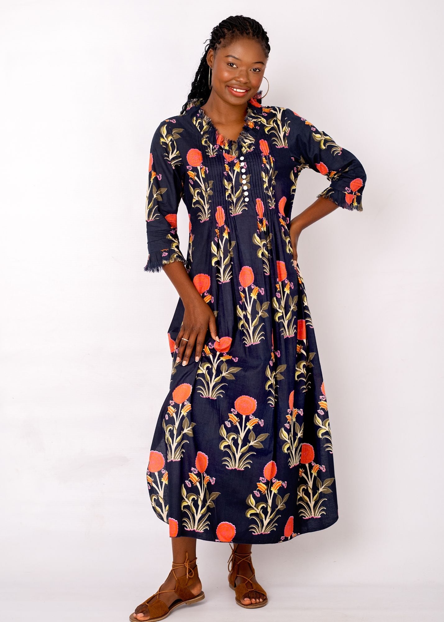 Sarah Dress with Frill in Blue with Coral Floral