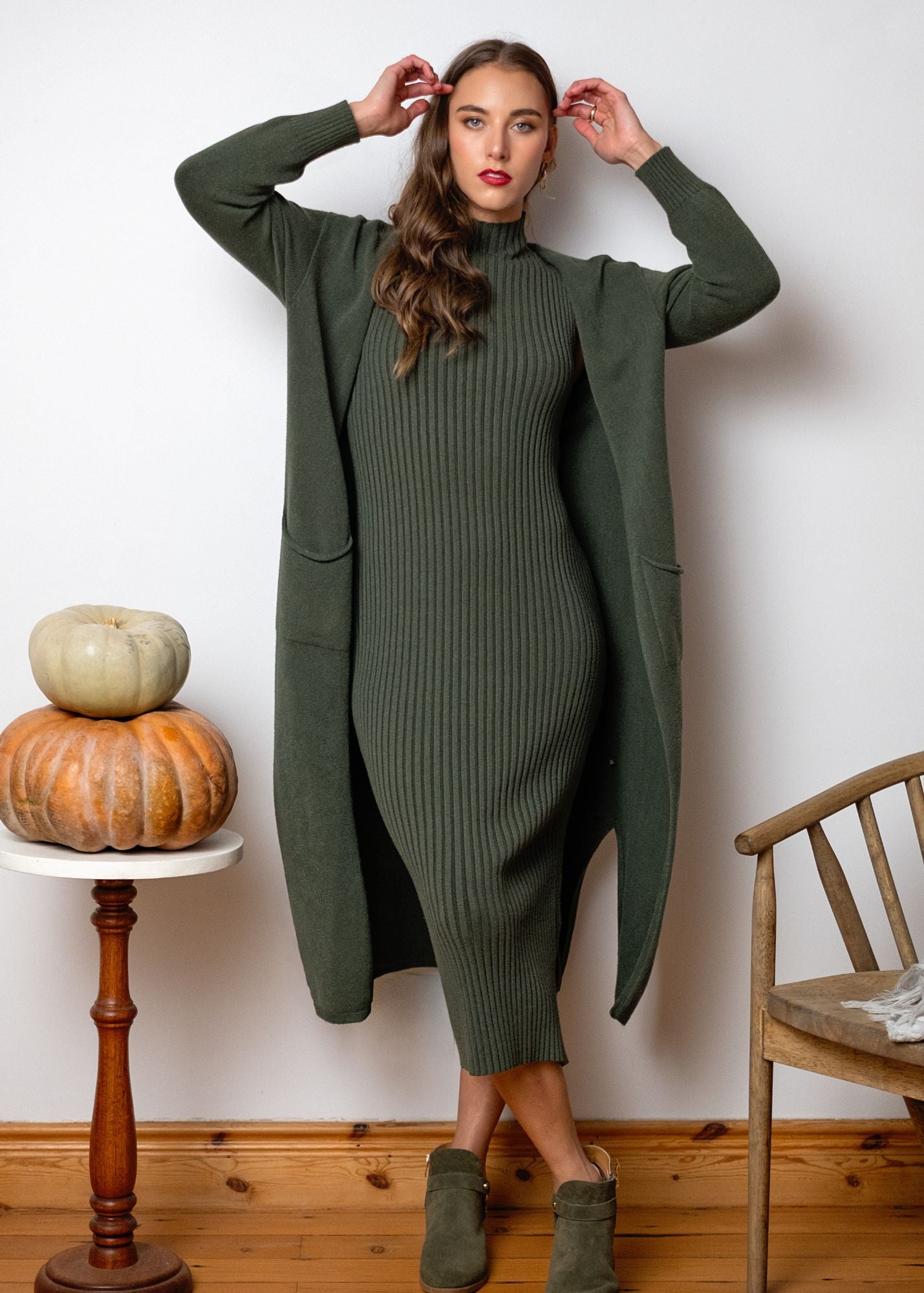 Urban Cozi Longline Open-Front Knit Cardigan Jacket in Olive