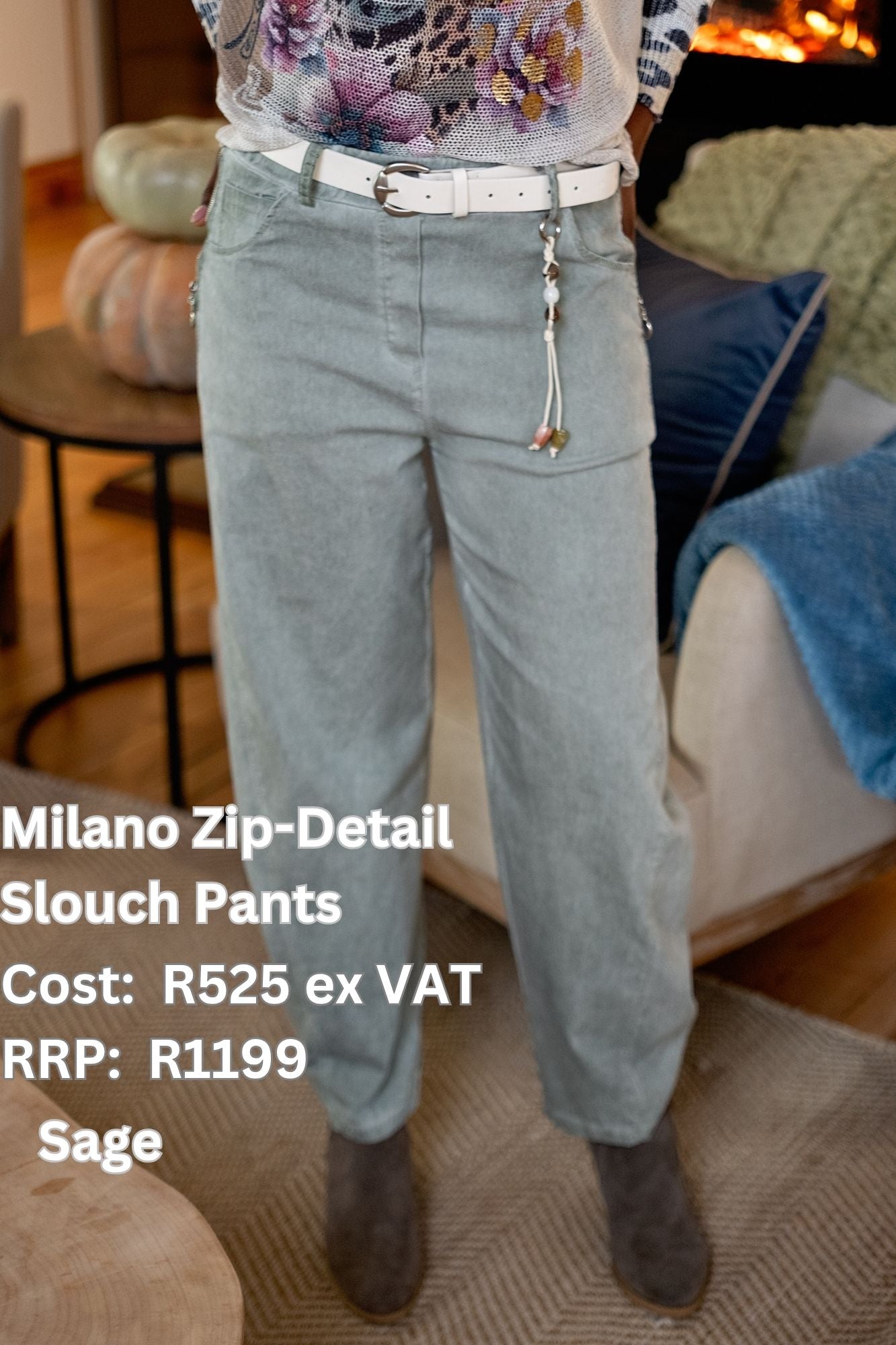 Milano Zip-Detail Slouch Pants – Sage