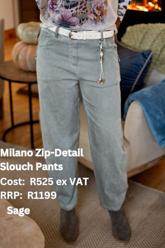 Milano Zip-Detail Slouch Pants – Sage