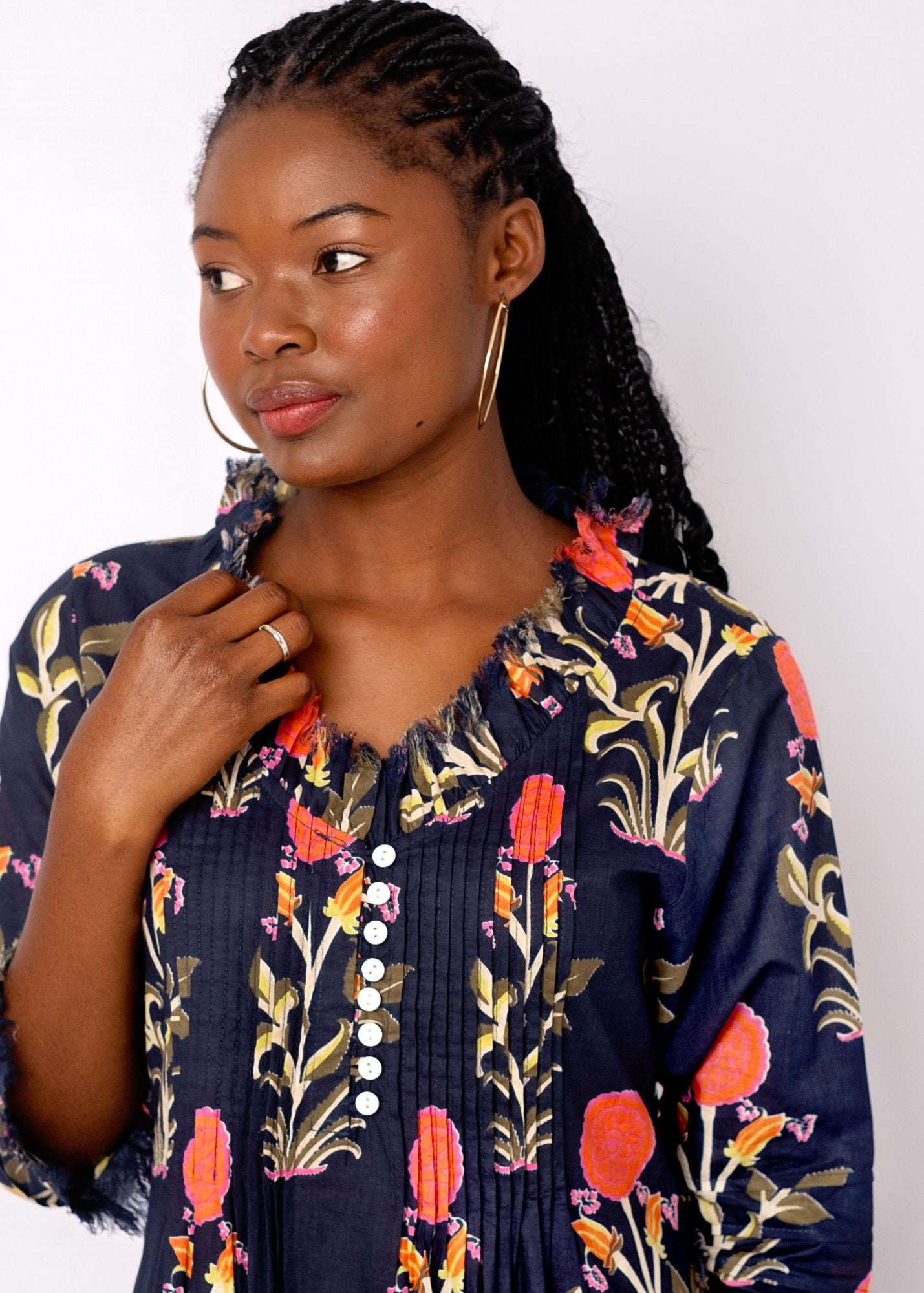 Sarah Dress with Frill in Blue with Coral Floral