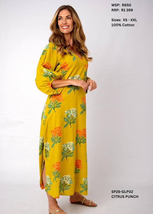 Gloria Puff-Sleeve Cotton Maxi Dress – Citrus Punch