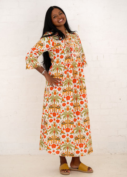 Sarah Dress with Frill in Orange and Green Camel