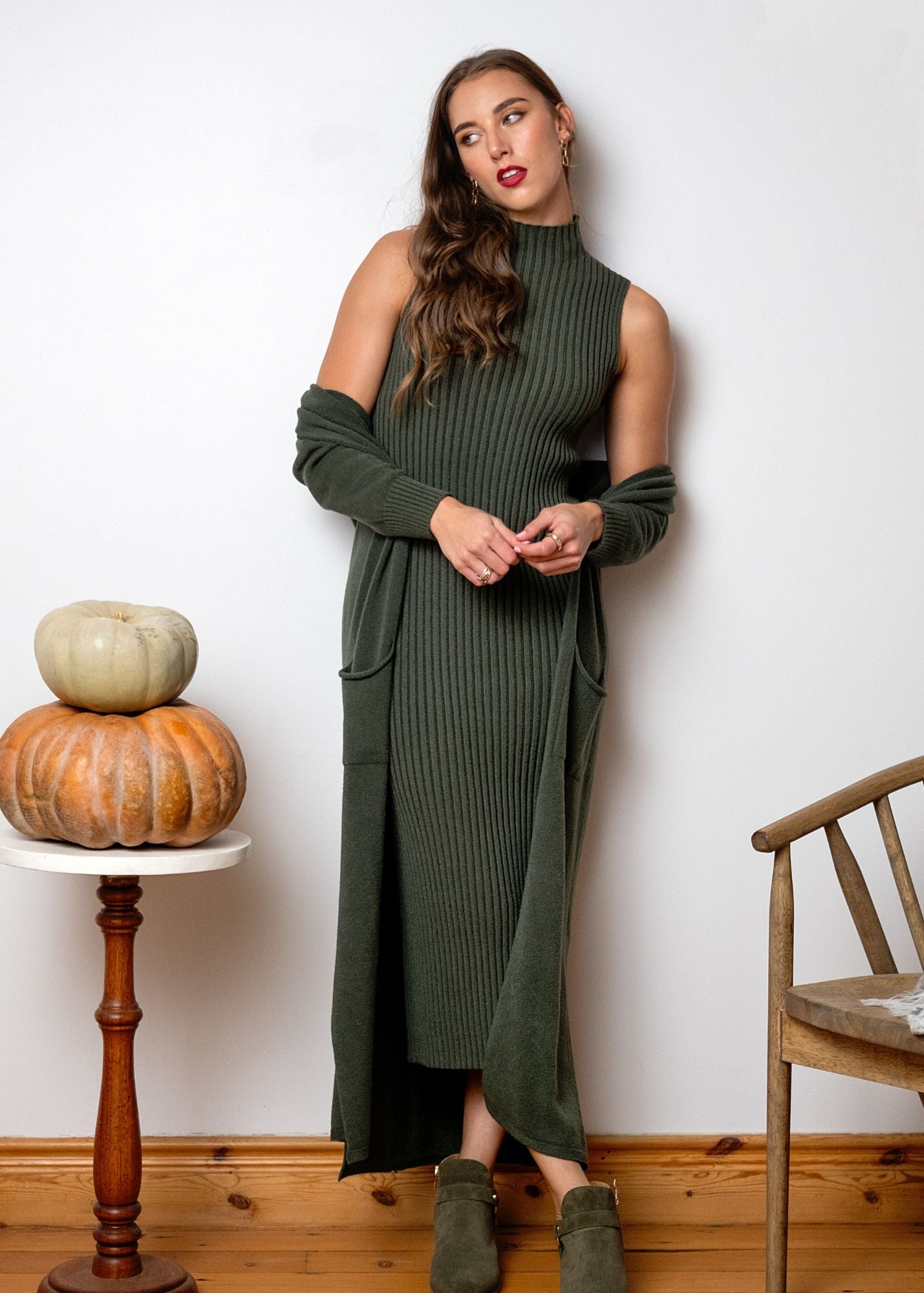 Urban Cozi Longline Open-Front Knit Cardigan Jacket in Olive
