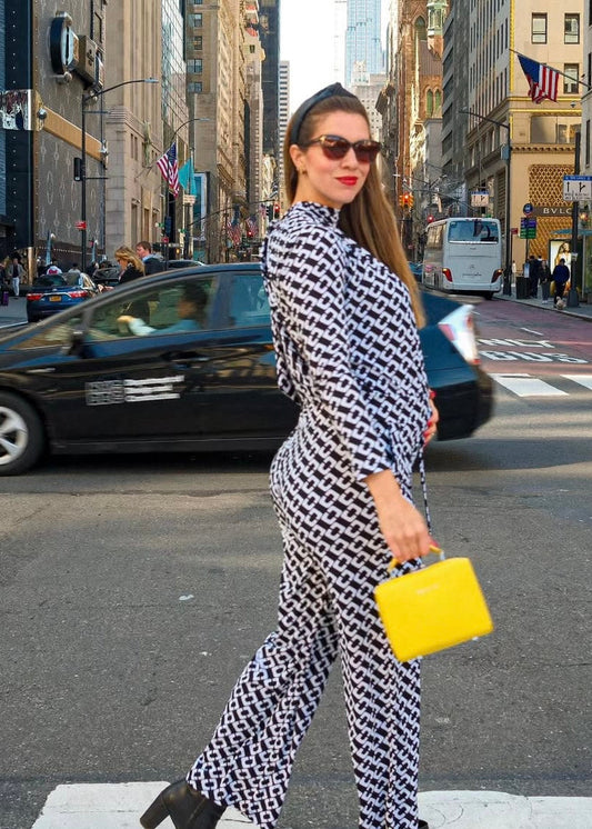 Halterneck Long Sleeve jumpsuit,  Black  and White Print Wide Leg