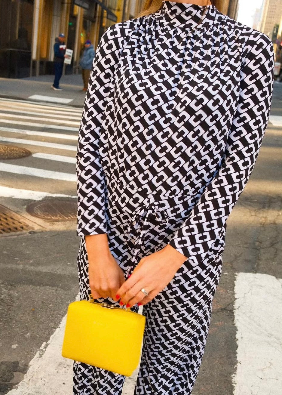 Halterneck Long Sleeve jumpsuit,  Black  and White Print Wide Leg